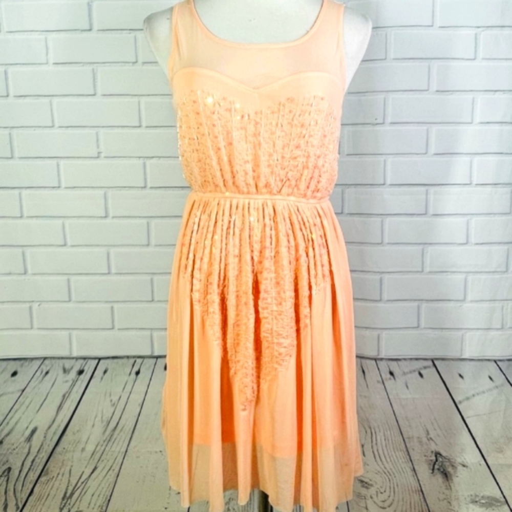 NWT Andree Blue's Peach Mesh Beaded Midi Flowy Dress